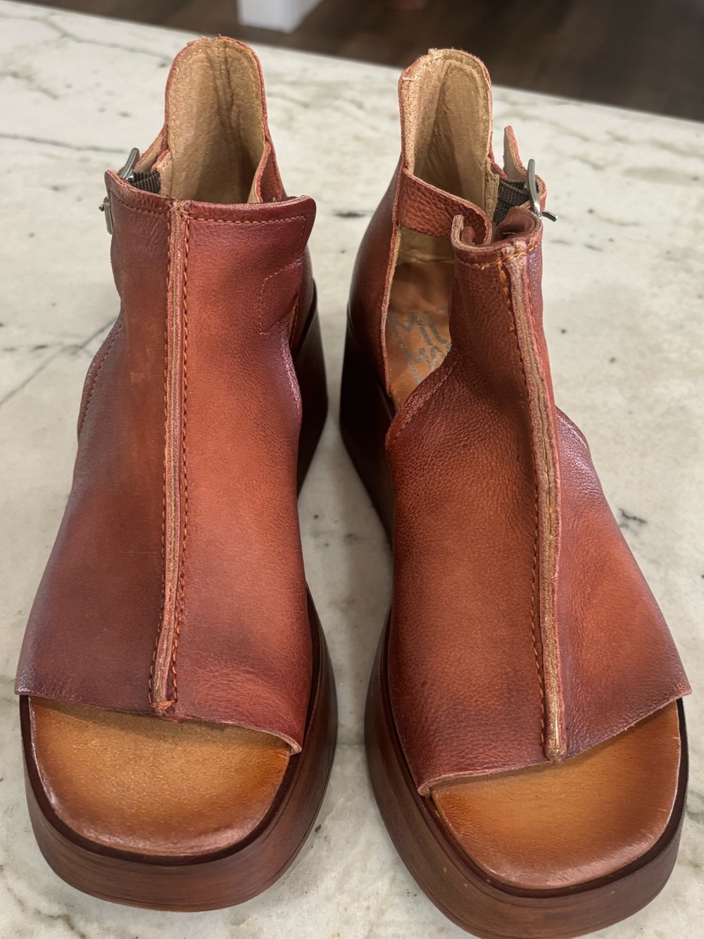 Miz Mooz Rust Brown Leather Wedge Sandals - Picture 4 of 8